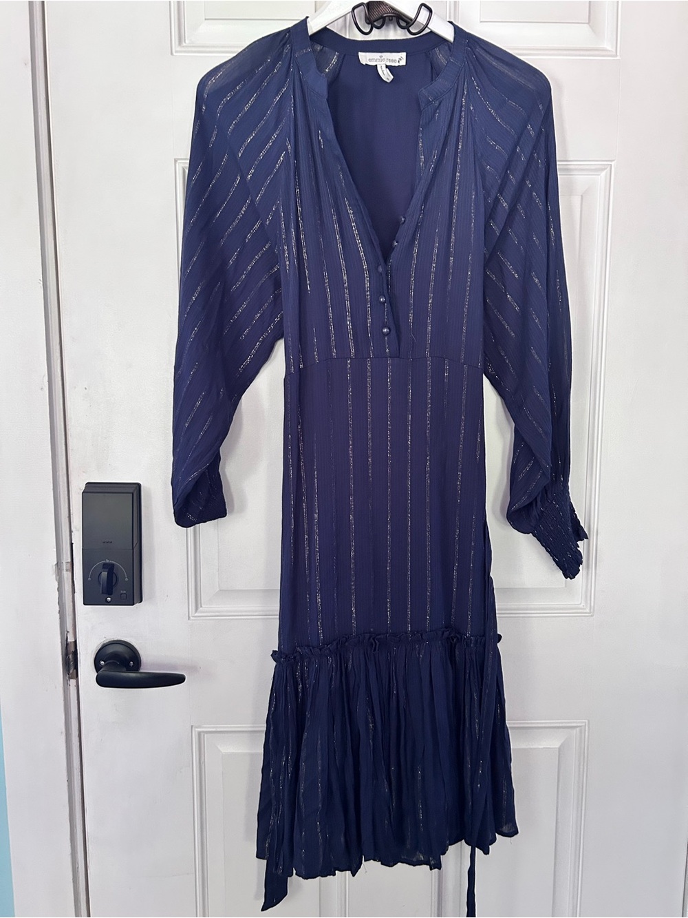 Club Monaco Navy Metallic-Stripe Long Sleeve Midi Dress